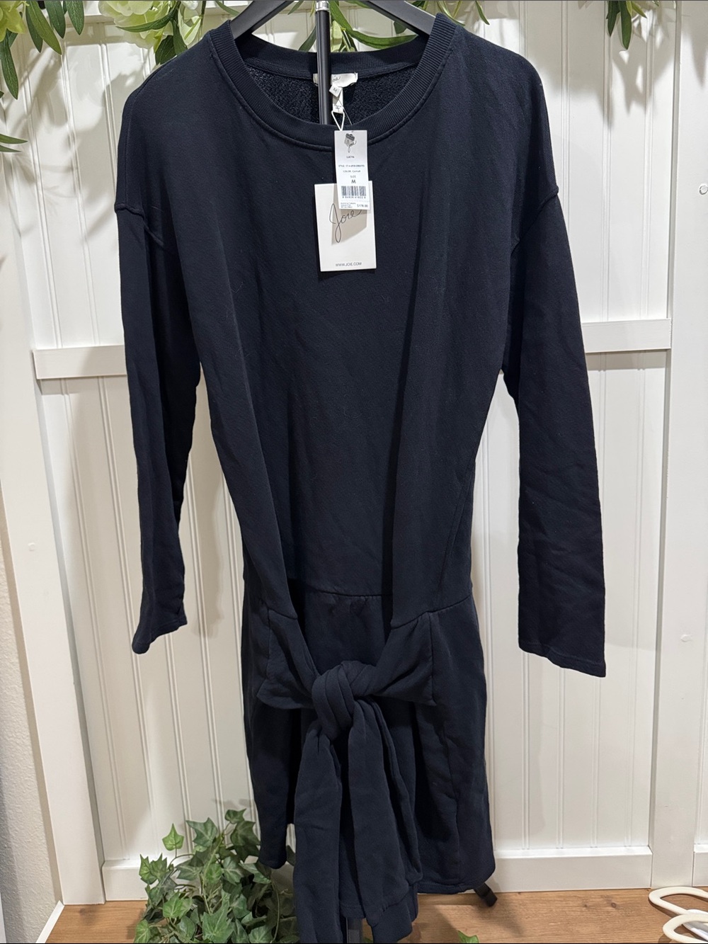 NWT!! #455 JOIE Lucya Caviar Black Long Sleeve Tie-Waist Sweatshirt Dress